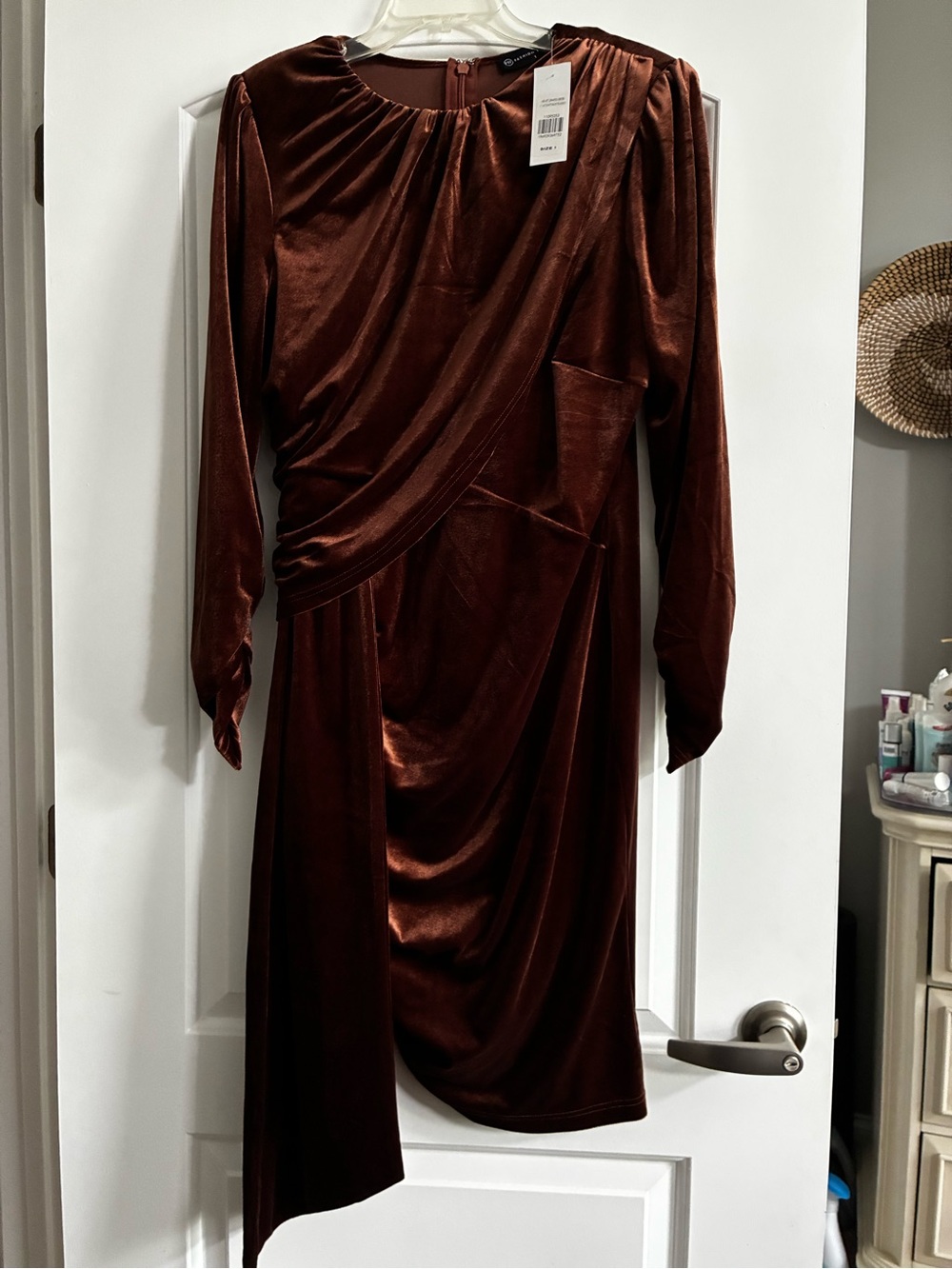 Fashion to Figure Brown Velvet Draped Long Sleeve Dress